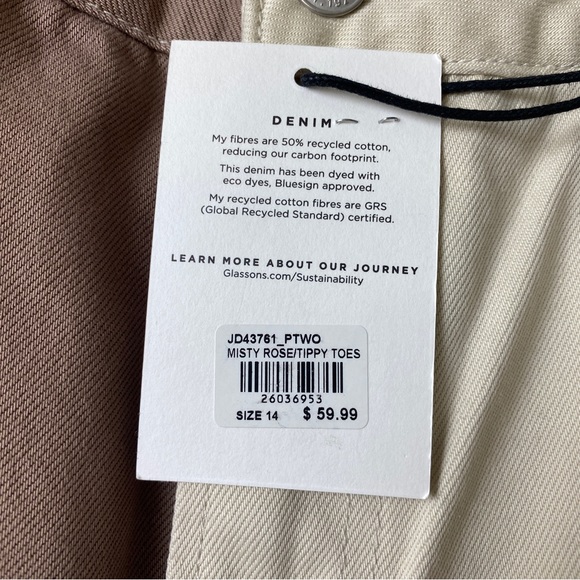 GLASSONS Brown Cream Two Tone Super High Waist Straight Leg Raw Hem Jeans Sz 14 - Picture 5 of 10